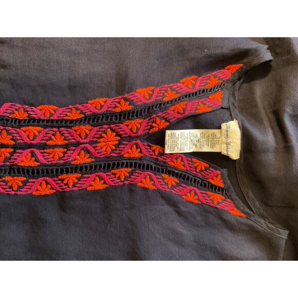 Vintage-Inspired Navy Blue Embroidered Boho Dress With Floral Sleeves & Red-Pink - Picture 5 of 5